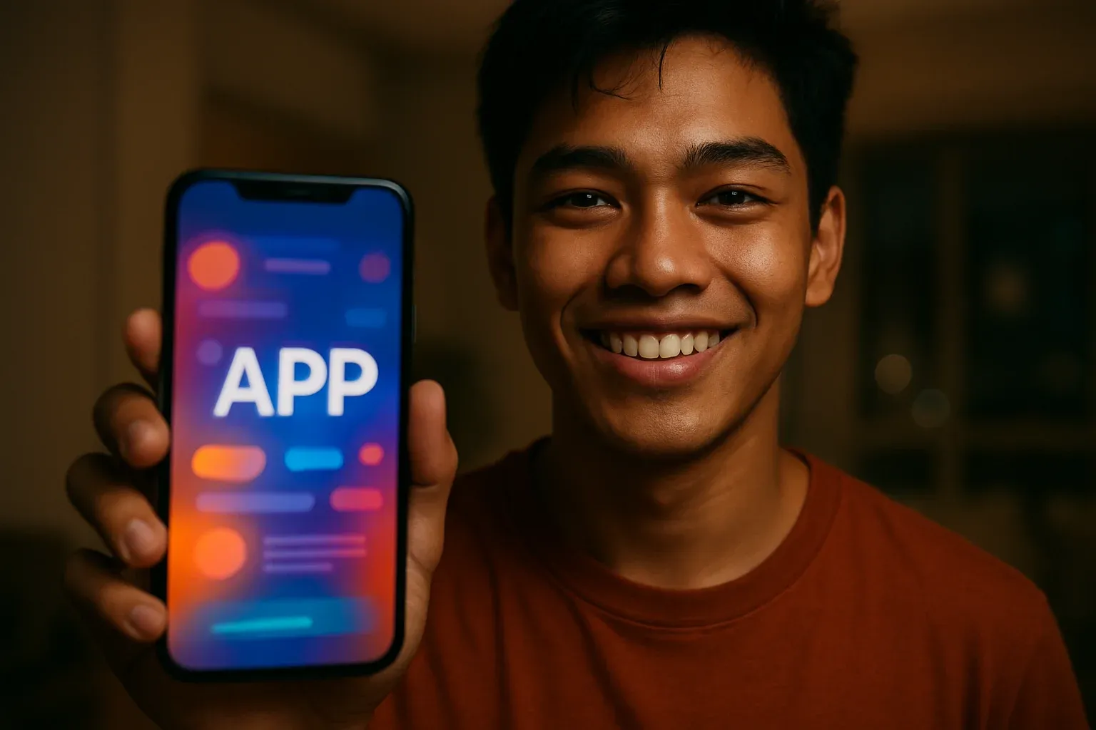 Young Filipino man smiling, holding smartphone with glowing app screen facing camera