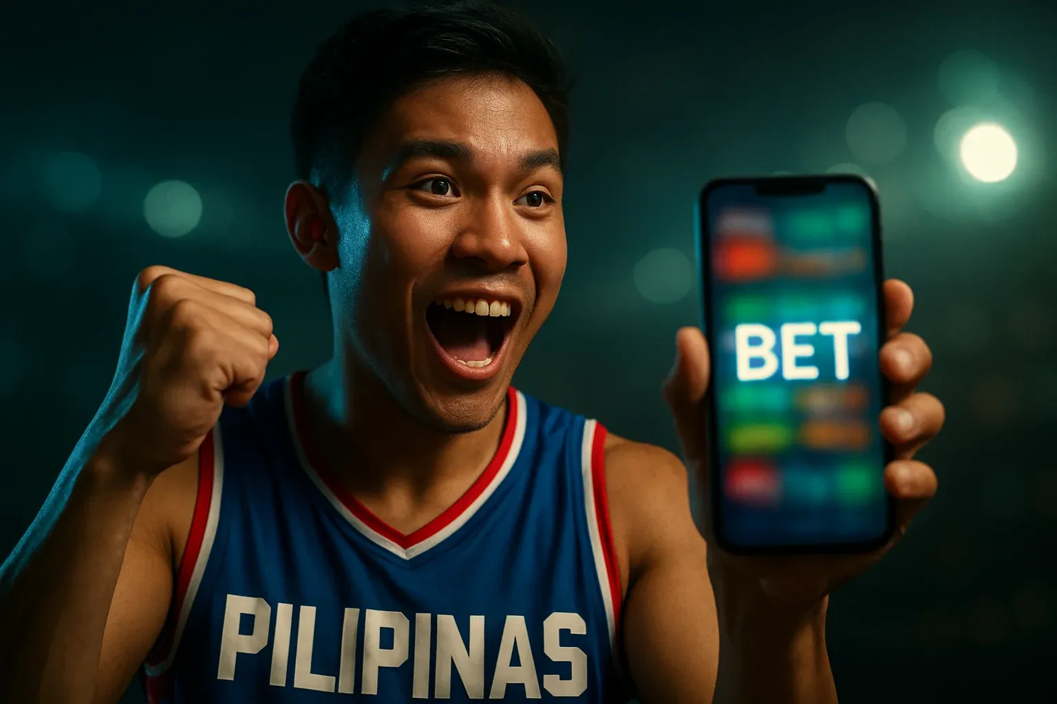 Excited young Filipino man holding phone with sports betting screen