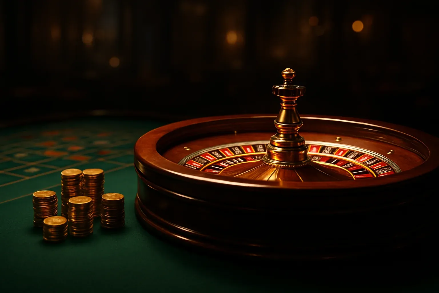 Elegant live casino table with glowing roulette wheel and golden chips