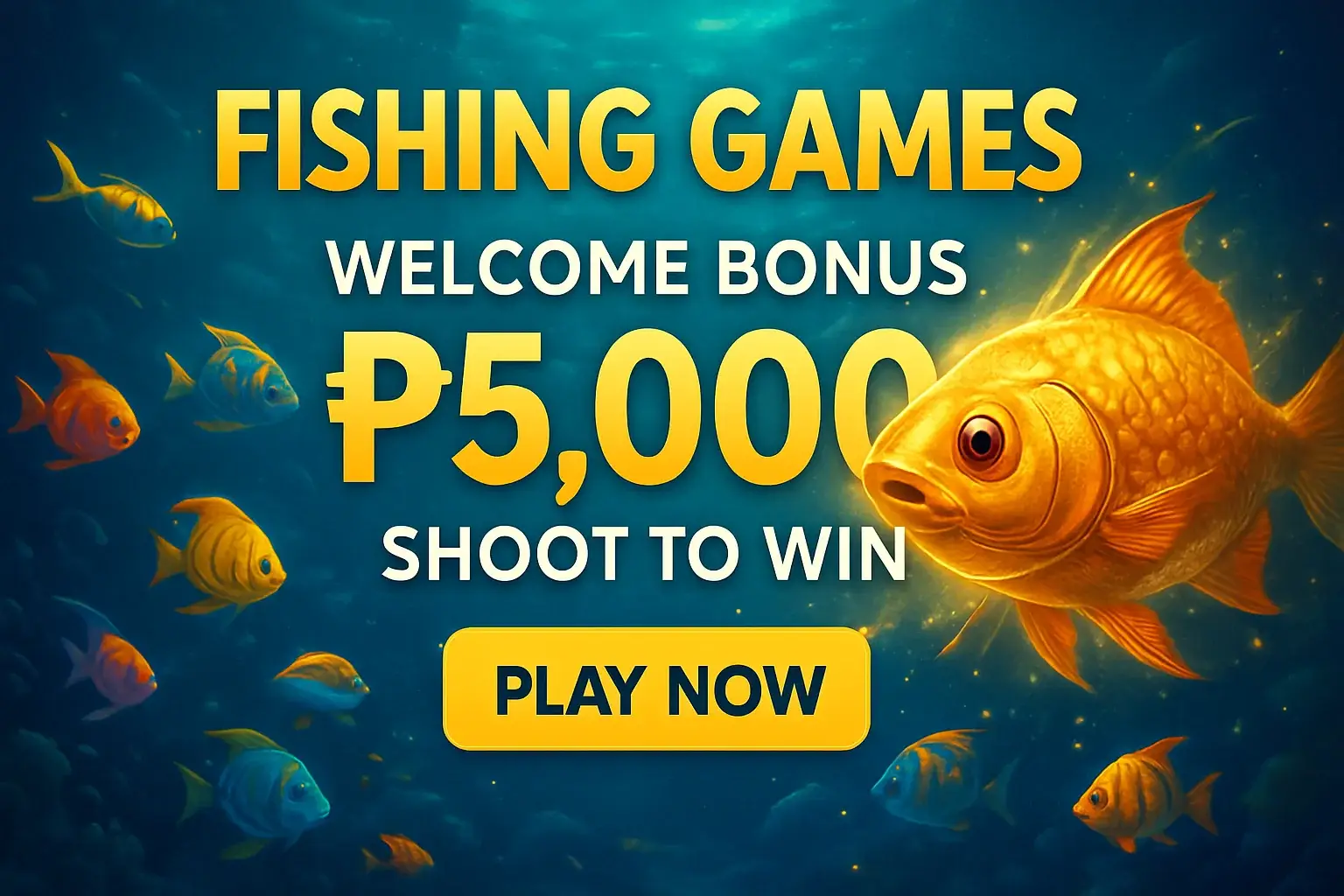 Fishing arcade banner with boss fish, bonus offer, and play button