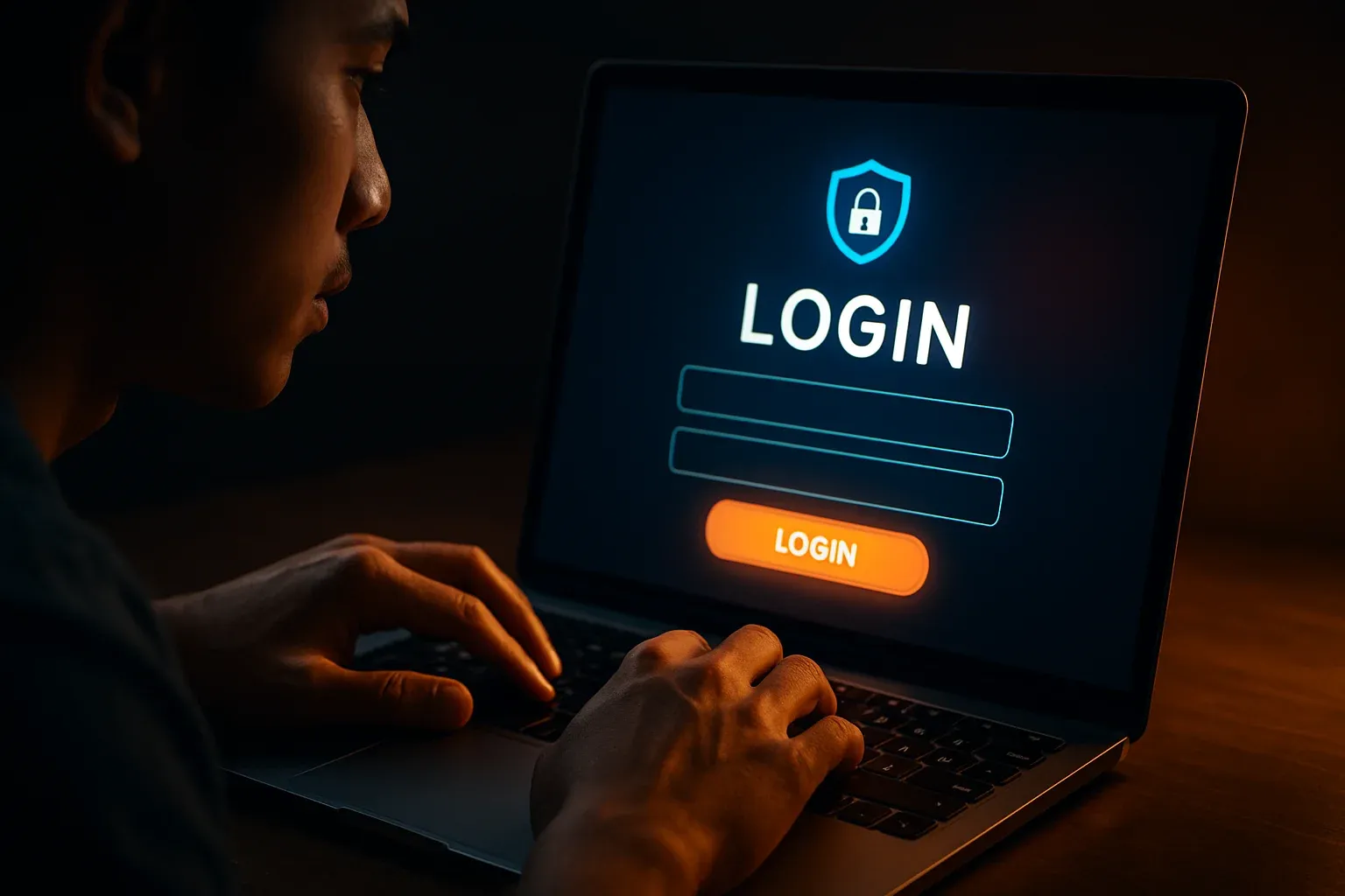 Young Filipino man's hands on laptop showing clear LOGIN sign-in screen