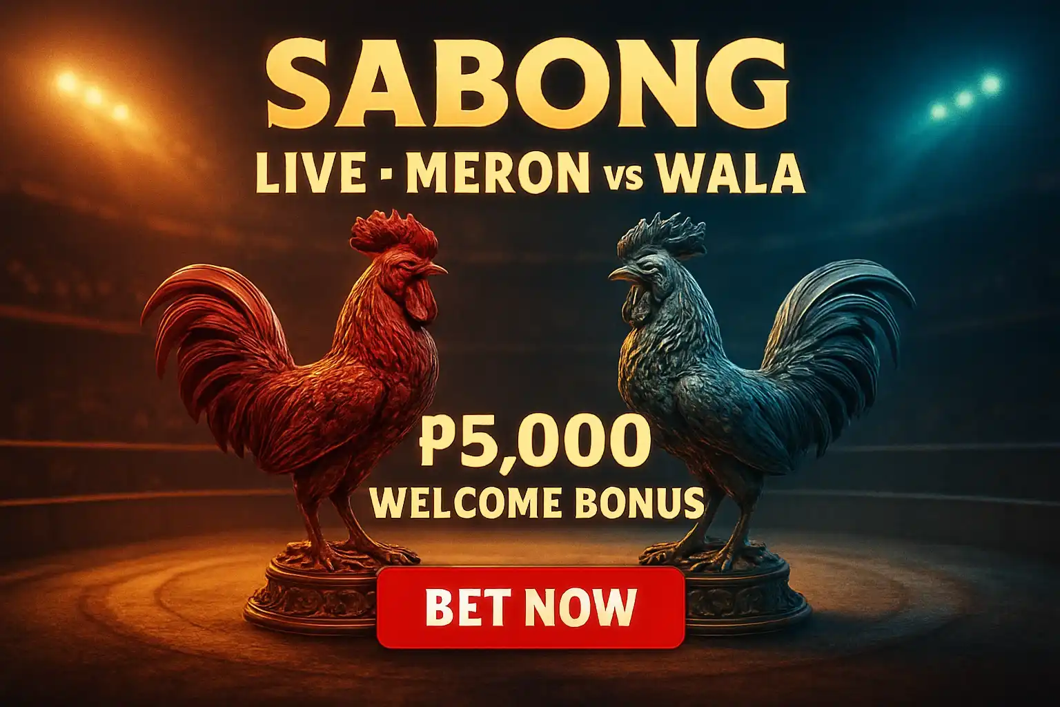 Live sabong banner with decorative rooster figurines and bet now button