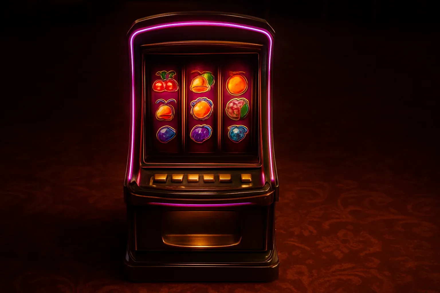 Complete premium slot machine on luxury casino floor with three vertical reels